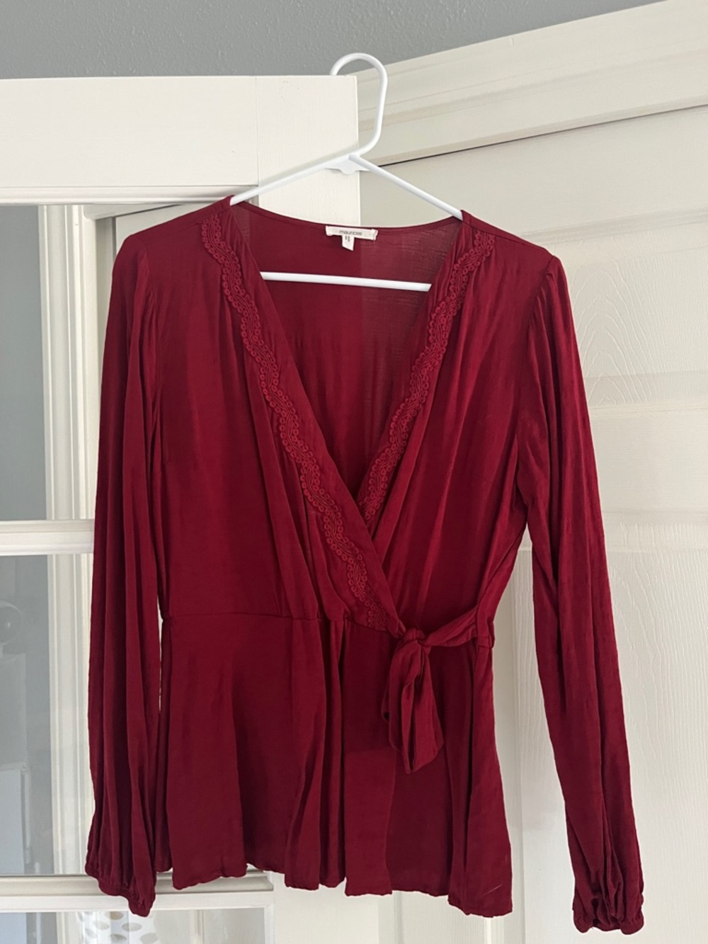 Women's Red Wrap Blouse with Lace Trim and Tie Front